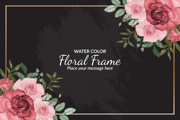 Beautiful black floral frame card or banner template with watercolor Premium Vector