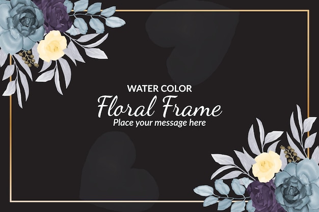 Beautiful black floral frame card or banner template with watercolor Premium Vector