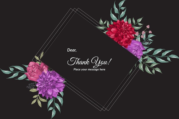 Красивый черный цветочный шаблон благодарственной открытки с акварелью Premium векторы