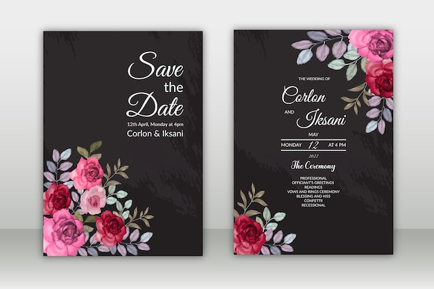 Beautiful black floral wedding invitation card template set with watercolor premium vector