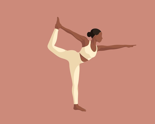 Vector beautiful black girl doing yoga fitness sport on brown background in flat for posters wallpapers