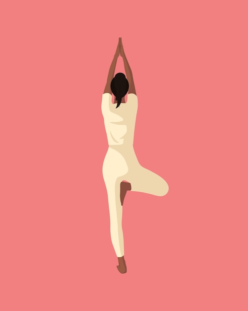 Vector beautiful black girl in sportwear doing yoga fitness workout on pink background for banners posters