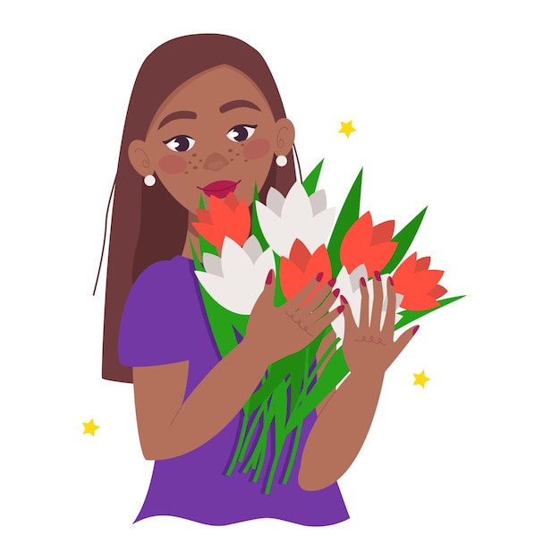 Beautiful black girl (woman) holds a bouquet of flowers in her hands. Brunette with long hair.