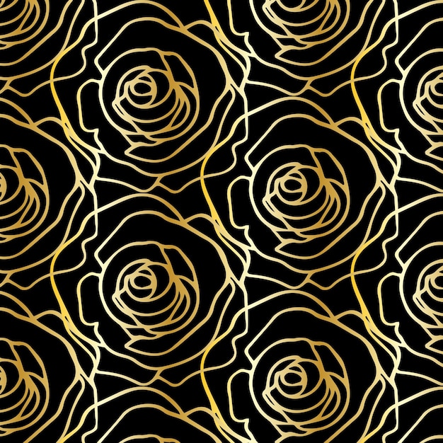 Красивый черный и золотой фон с розами. Нарисованные вручную контурные линии.