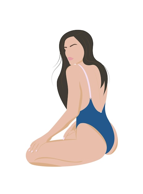 Vector beautiful black haired sitting woman in blue swimsuit in cute flat style