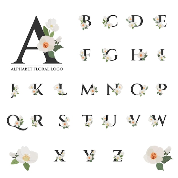 Vector beautiful black serif floral alphabet collection