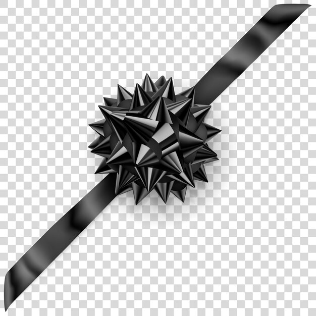 Vector beautiful black shiny bow with diagonally ribbon with shadow on transparent background