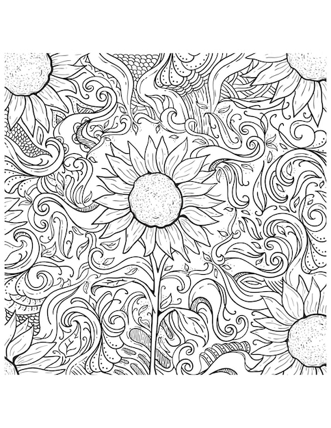 Belle pagine da colorare di girasole con disegno a mano in bianco e nero e libro da colorare per bambini e adulti