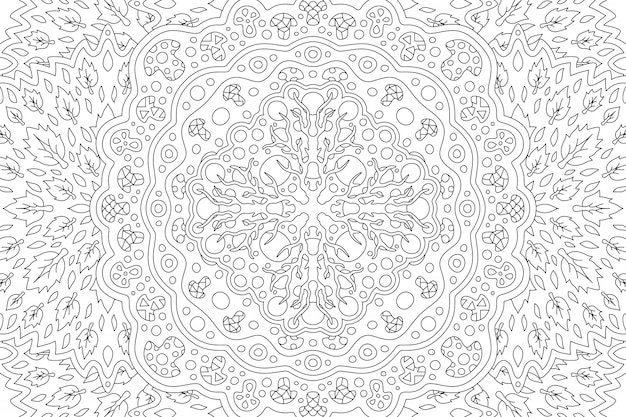 Beautiful black and white illustration for adult coloring book with tribal linear floral pattern with root leaves and mushrooms