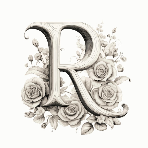 Beautiful black and white lettering r with floral elegance