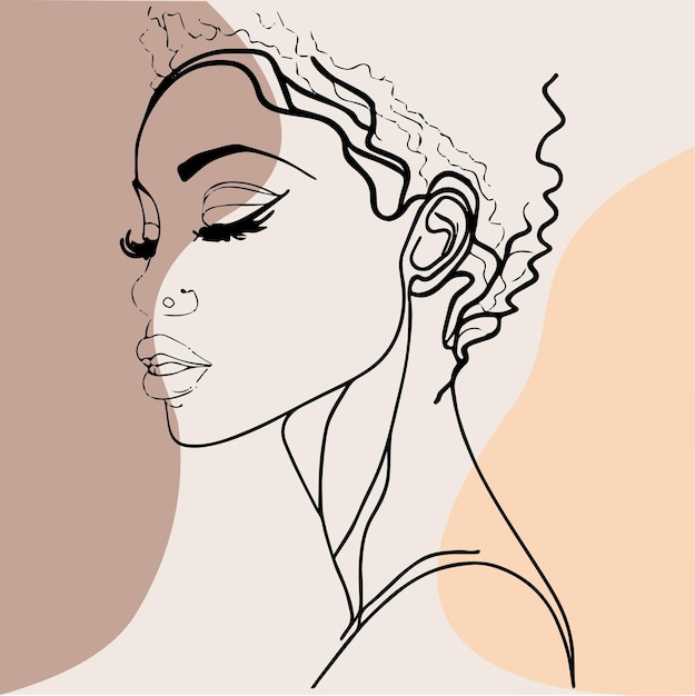 Beautiful black woman line vector art Drawing with boho elements colorsElegant line art