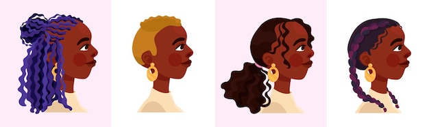 Beautiful black woman with four different modern hairstyles