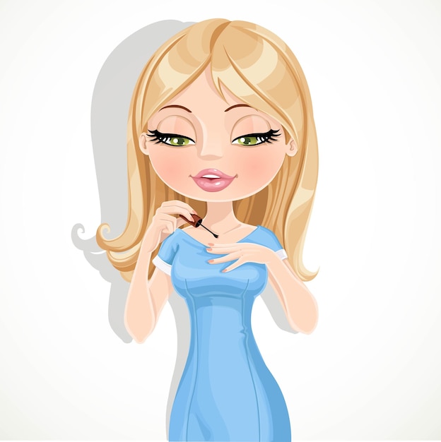 Vector beautiful blond girl in a blue dress paints her nails isolated o