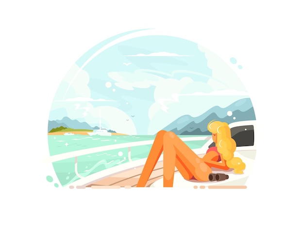 Vector beautiful blond girl relaxing and sunbathing on yacht