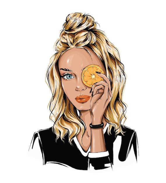 Vector beautiful blond hair woman holding orange slice vector illustration