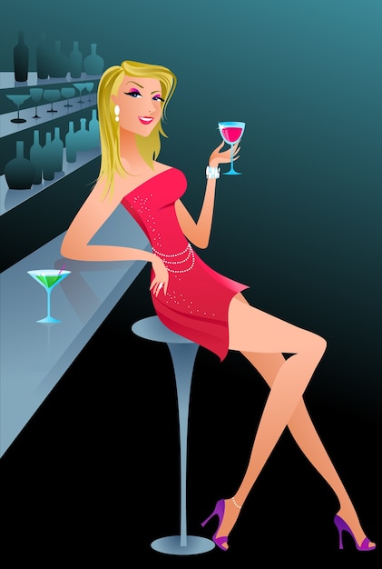 Vector beautiful blond woman in a bar