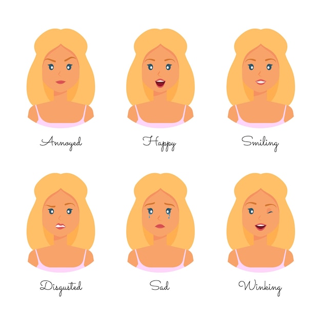 Vector beautiful blonde cartoon woman emotions set