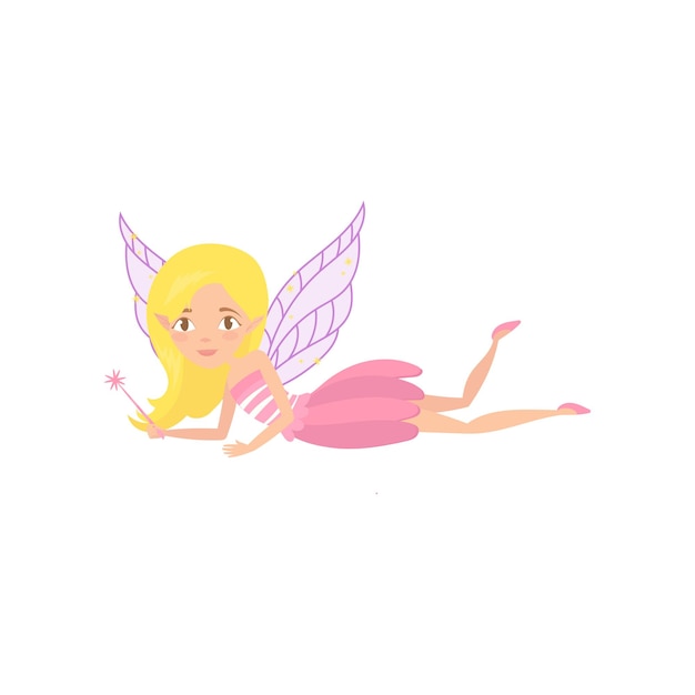 Beautiful blonde fairy flying with magical wand in hand Mythical creature with little wings Cartoon girl character in pink dress Colorful flat vector design