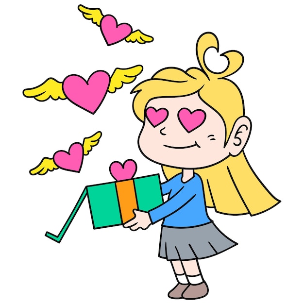 Bella ragazza bionda porta un regalo di san valentino per i suoi cari, doodle disegnare kawaii. arte dell'illustrazione