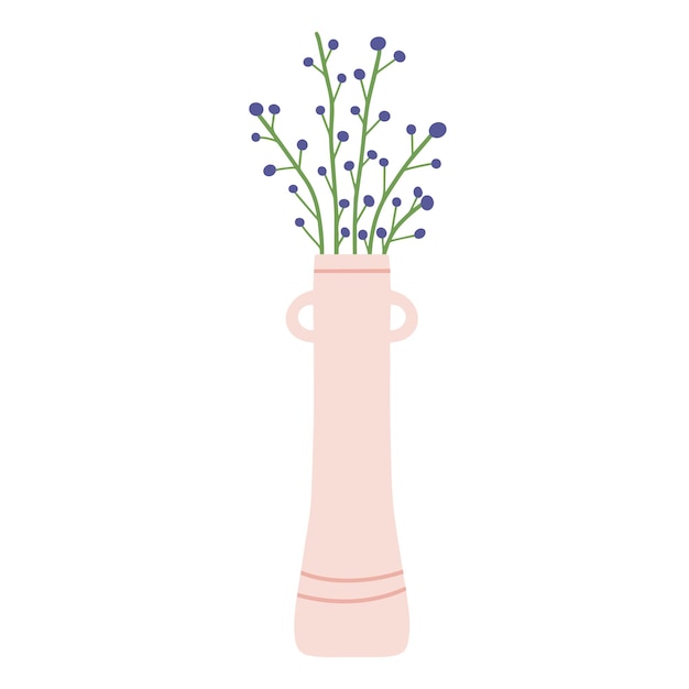 Красивая цветущая композиция с листьями и стеблем, изолированными на белом. Цветущие растения и травы. Великолепный букет цветов с декоративными ветвями в плоской векторной иллюстрации вазы.