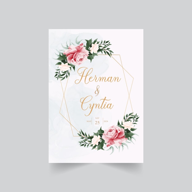 Beautiful blooming flower watercolor valentines day invitation with golden frame