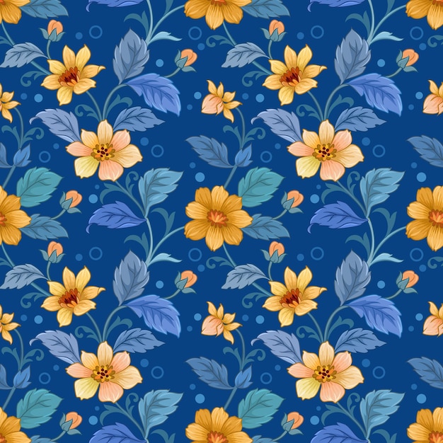 Bellissimo disegno di fiori in fiore su sfondo di colore blu motivo senza cuciture può essere utilizzato per carta da parati in tessuto
