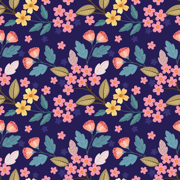 Beautiful blooming flowers design on purple color background seamless pattern