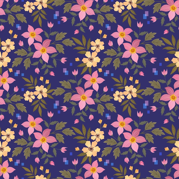 紫色の背景に美しい花が咲くシームレスなパターンは、布地の織物の壁紙に使用できます