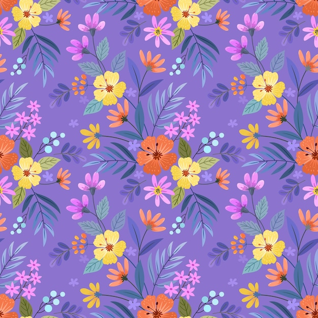 Beautiful blooming flowers on purple color background seamless pattern Can be used for fabric textile wallpaper