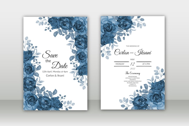 Acquerello stabilito del modello dell'invito di nozze floreale delle belle rose blu navy in fiore vettore premium