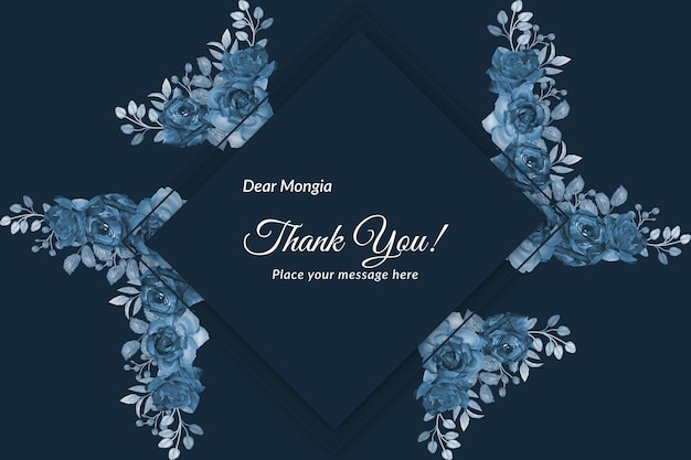 Beautiful blooming navy blue roses thank you card with watercolor flower background Premium Vector