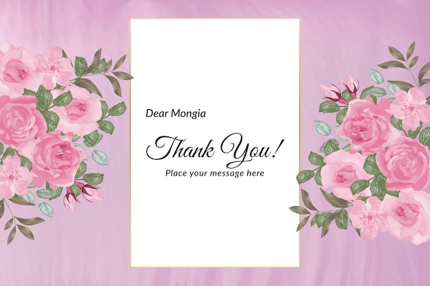 Beautiful blooming pink roses thank you card with watercolor flower background Premium Vector