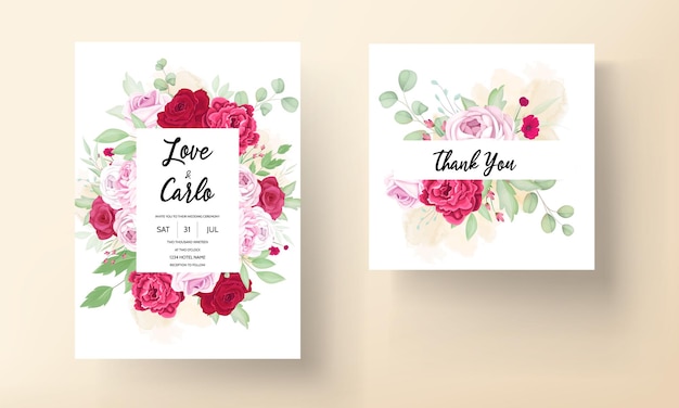 Vector beautiful blooming rose and peony flower wedding invitation card