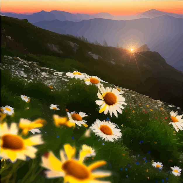 Vettore bellissime margherite bianche in fiore sullo sfondo montagne e cielo al tramonto con nuvole vettore realistico