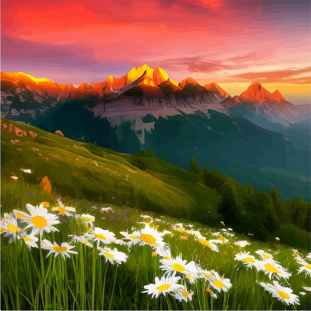 Vector beautiful blooming white daisies on background mountains and sunset sky with clouds realistic vector