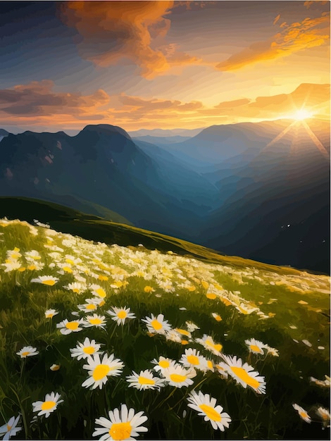 Vector beautiful blooming white daisies on background mountains and sunset sky with clouds realistic vector