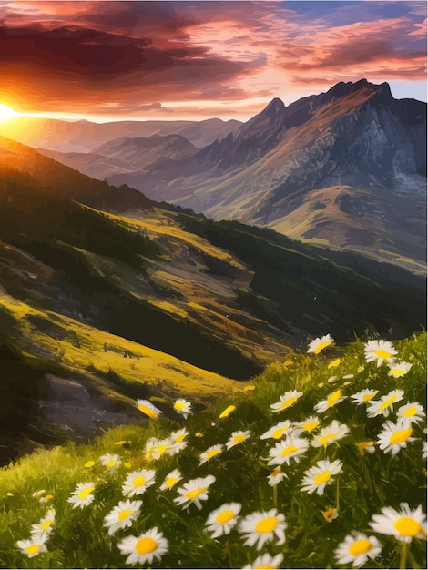 Vettore bellissime margherite bianche in fiore sullo sfondo montagne e cielo al tramonto con nuvole vettore realistico