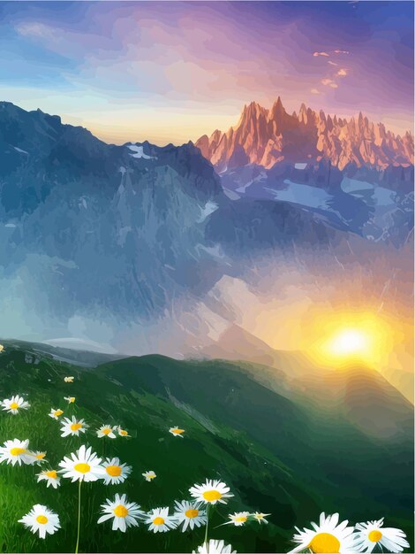 Вектор Красивые цветущие белые маргаритки на фоне гор и закат неба с облаками реалистичный вектор