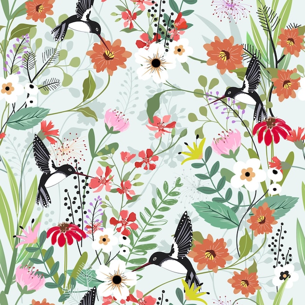 Beautiful blossom and humming bird seamless pattern