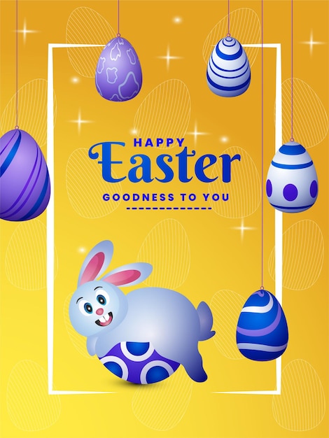 Красивые голубые и фиолетовые яйца и дизайн плаката кролика или открытки для празднования счастливой пасхи