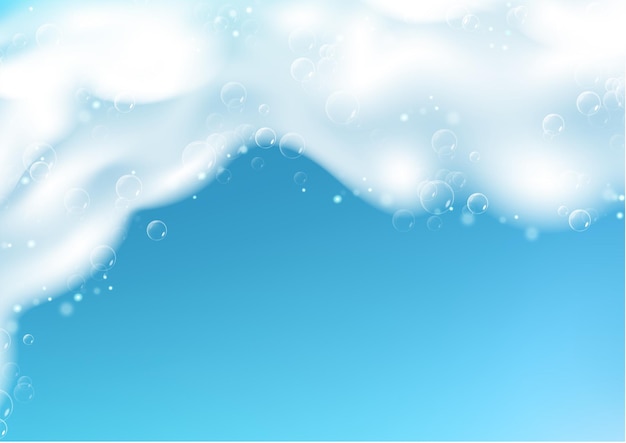 Beautiful blue background with realistic soap foam with bubbles