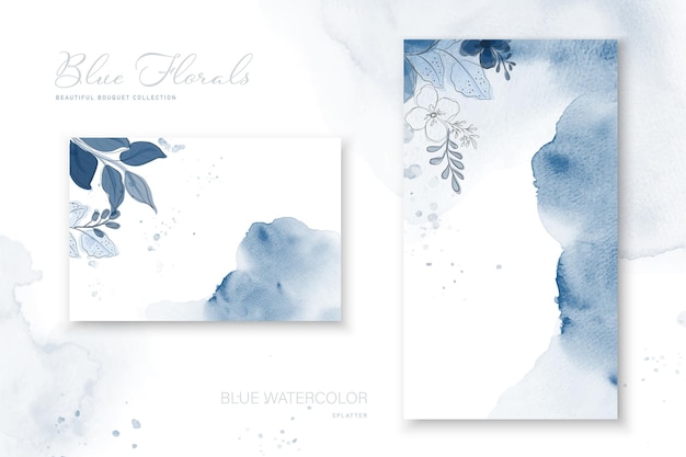 Beautiful blue bouquet illustration designed on the surface of stains watercolor