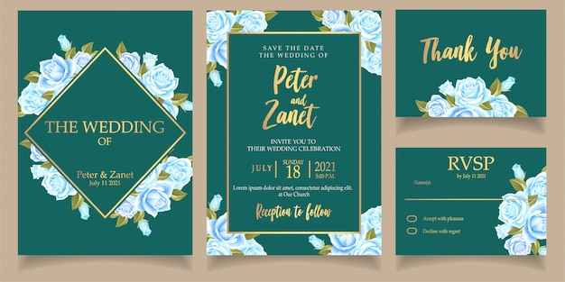 Beautiful blue flower invitation wedding card template set with thanks card