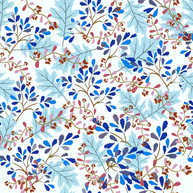 Beautiful blue leaf and purple flower seamless pattern.