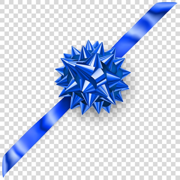 Beautiful blue shiny bow with diagonally ribbon with shadow on transparent background