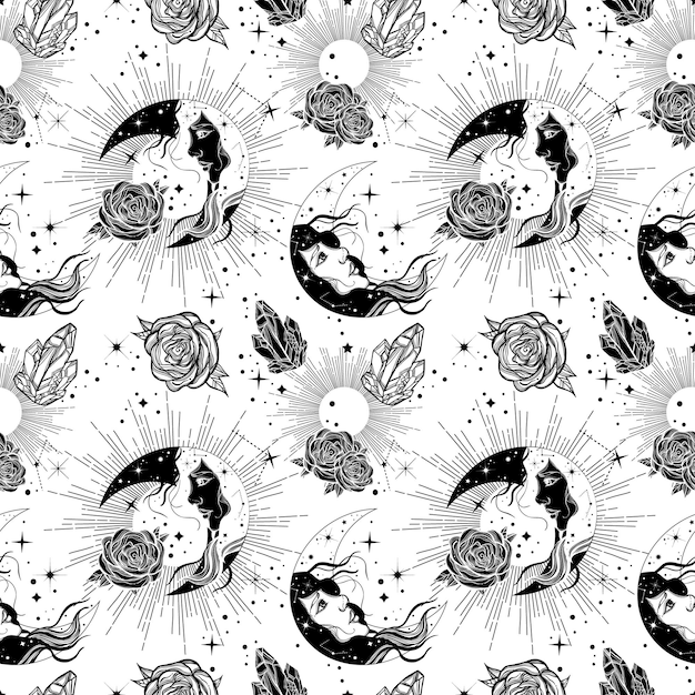 Beautiful bohemian seamless pattern with moon crystals and roses