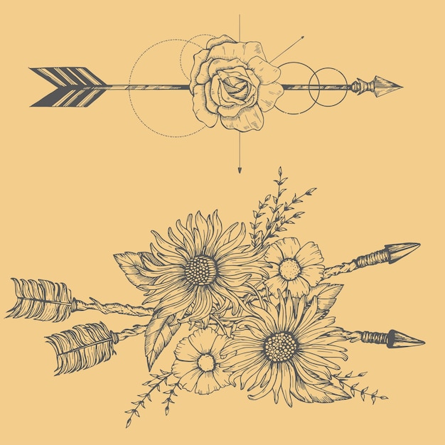 Vector beautiful boho elements arrows feathers and flowers