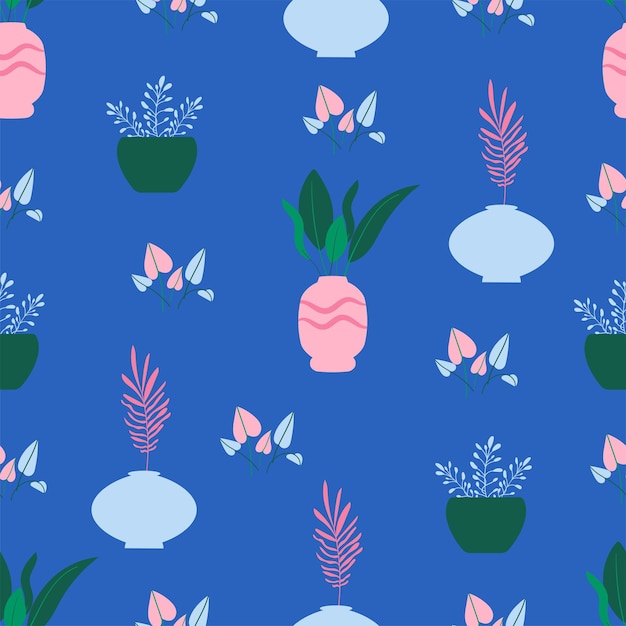 Beautiful botanical seamless pattern with indoor plants in ceramic pots