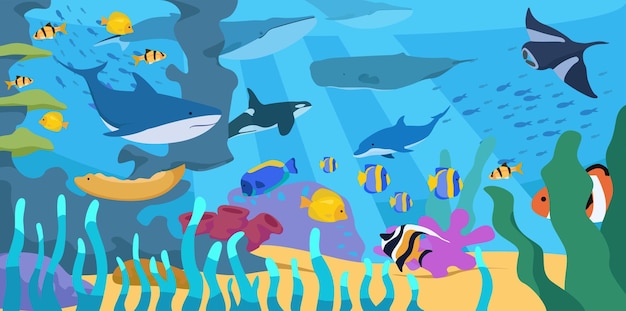 Vettore bellissimo fondo marino o oceano con coralli barriera corallina pesci tropicali squali balene e razze illustrazione vettoriale del paesaggio marino sottomarino con animali marini in stile cartone animato