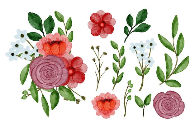 Beautiful bouquet of flowers and leave for decoration in water colors style